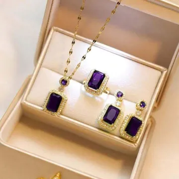 Purple Rhinestone Geometric Pendant Necklace Set